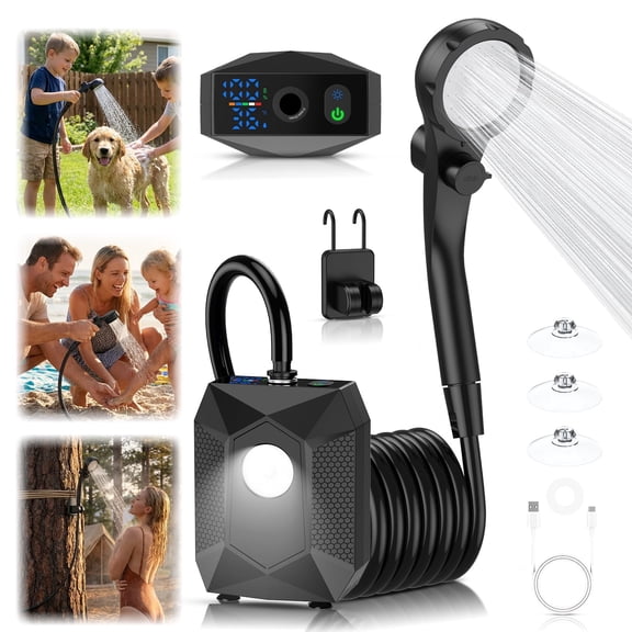 NOCOEX Portable Shower for Camping: Rechargeable Camping Shower Pump 130-Min Runtime, 5 Pressure Levels with Built-in LED, IPX8 Waterproof - Ideal for Beaching, Gardening, Pet, Car