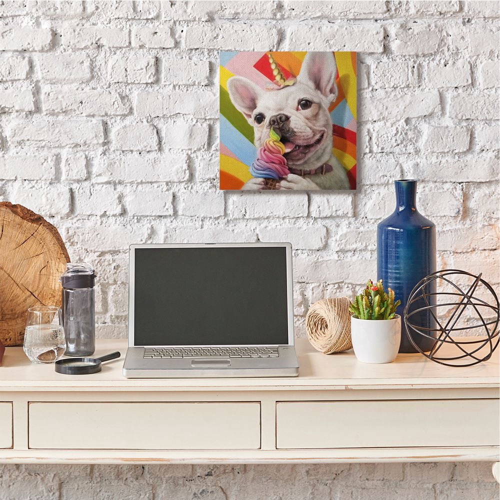 Rainbow French Bulldog Unicorn Ice Cream Colorful Animals & Insects Gallery-Wrapped Canvas Print Wall Art, 17x17