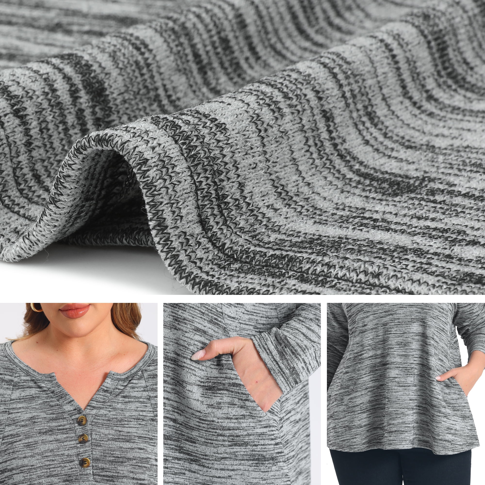 DARING DIVA Women's Plus Pocket Notch Neck Long Sleeve Blouses 1X Gray