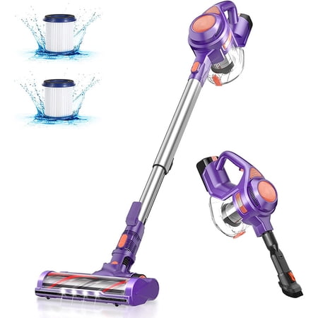 Cordless Vacuum Cleaner, 24Kpa Hand Vacuum Cleaner with 250W Brushless Motor, Lightweight 4-in-1 Vacuum Cleaner with 2-in-1 Brush Purple and Orange