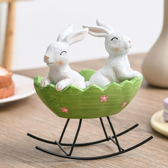 Easter Bunnies Decor, Cute Easter Figurine, Small Bunny Figurines for Table Centerpiece Decorations, Rabbit Decoration for Home Spring Decor, Smiling Bunnies Rocking in Egg Cradle