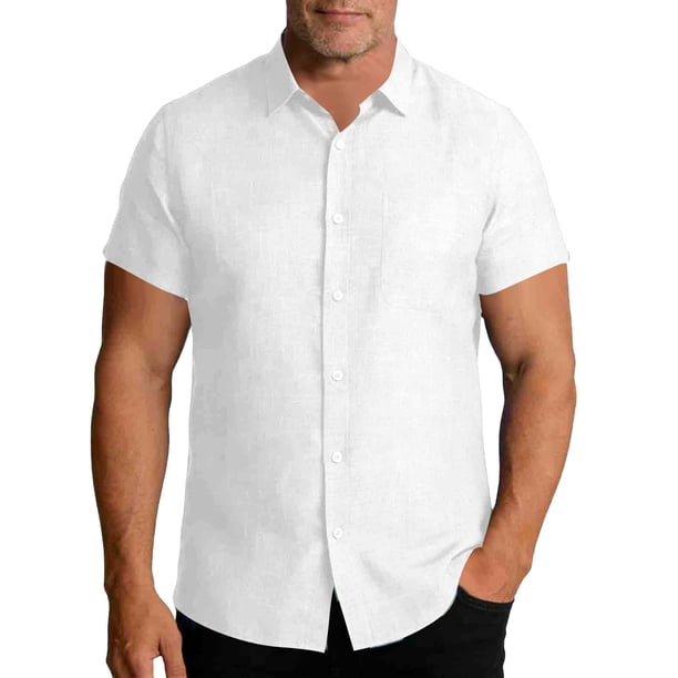 Ceisia Men's Regular Straight Short Sleeve Flax Shirt Solid Color Casual Spring Summer Shirt Gift