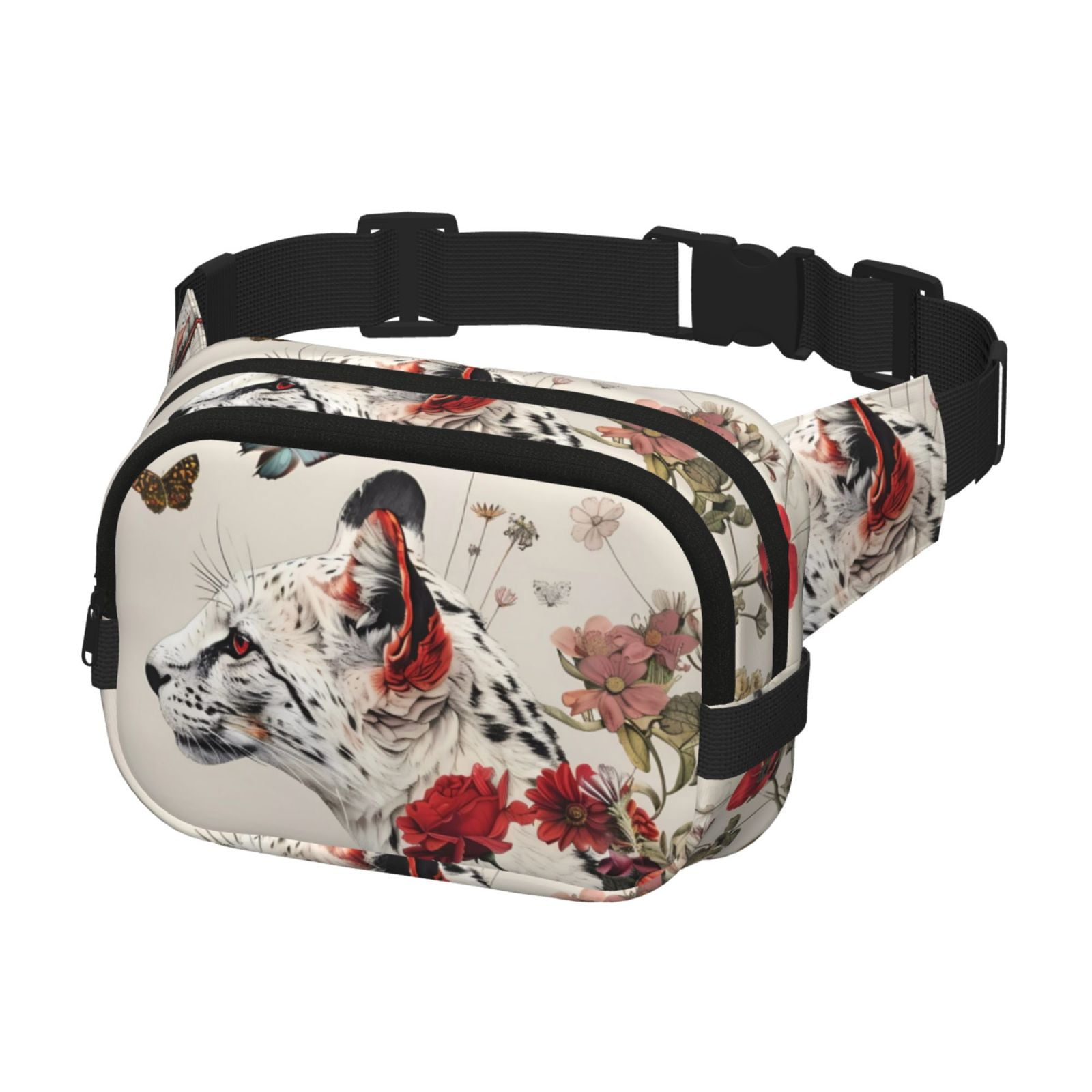 Picia Floral Leopard Butterflies Print Square Double-Layer Waist Bag Mini Adjustable Waist Belt Bag Exercise Running Travel Hiking