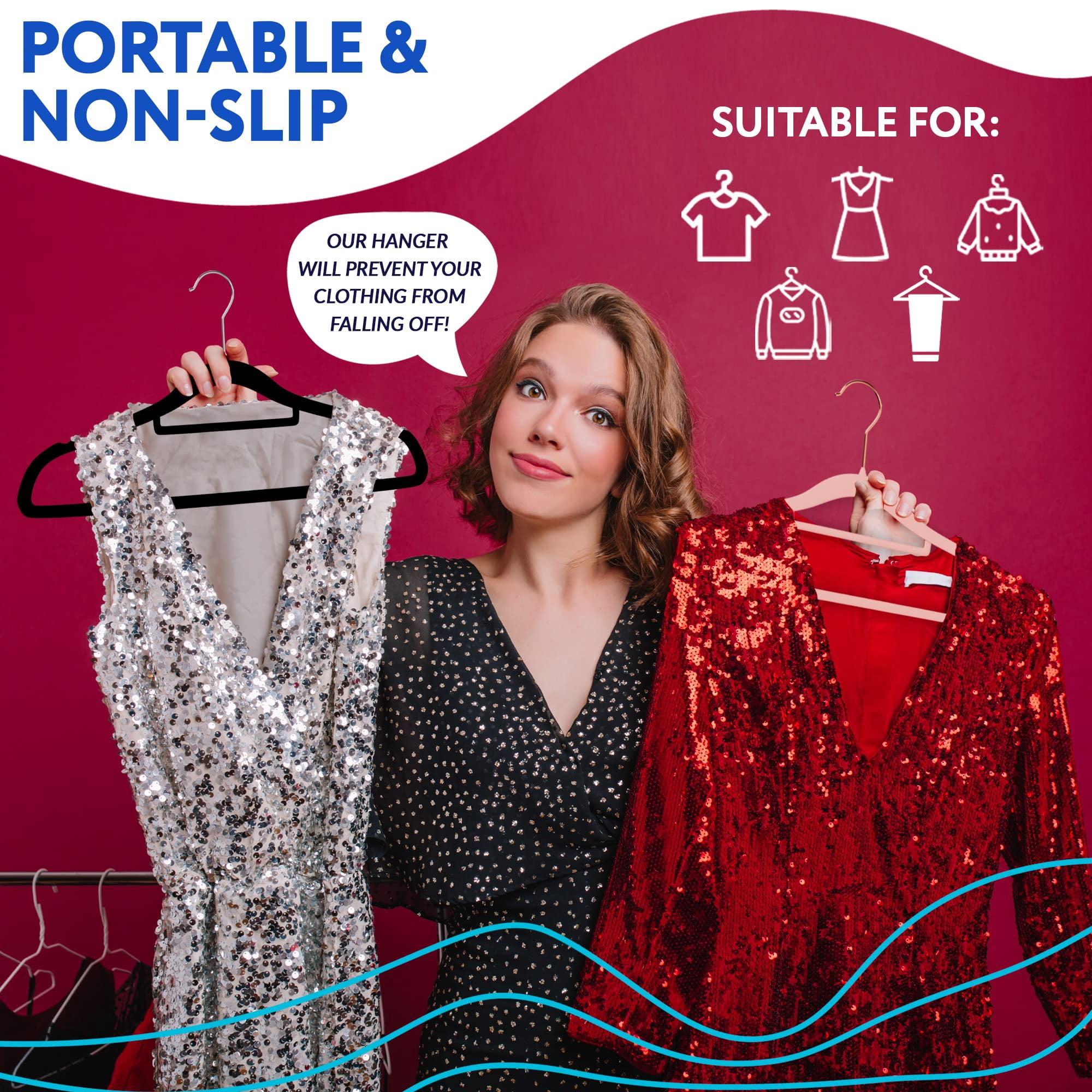 Black Velvet Hangers - Pack of 150 Non Slip with 360 Rotating Chrome Hook, Notched Shoulders