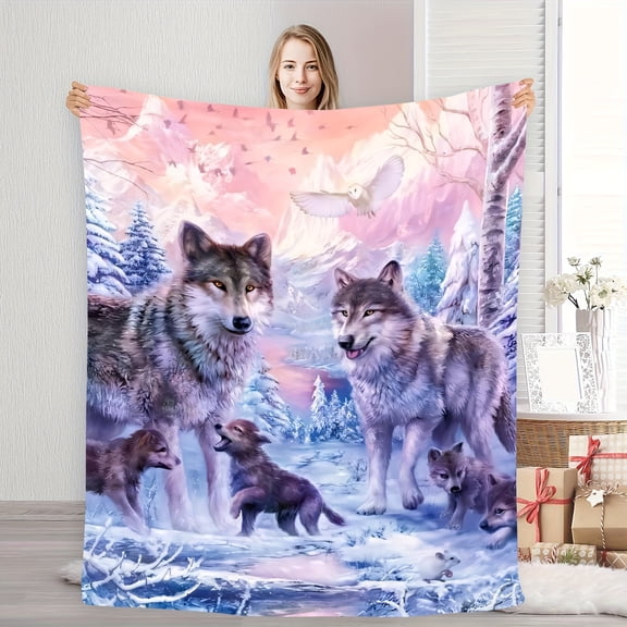 Dreamlike Wolf Pack Winter Wonderland Flannel Blanket Soft, Cozy, and Warm with Artistic Wolf Design in Snowy Forest Scene, Perfect for Home Decor and Nature Lovers, Blanket for Winter