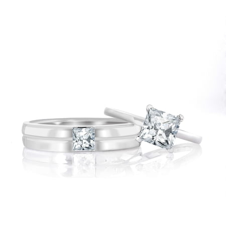 JeenMata His & Hers - Couple Ring Set - 1.6 Carat Princess Cut Moissanite Matching Promise Rings for Couples - 18K White Gold over Silver