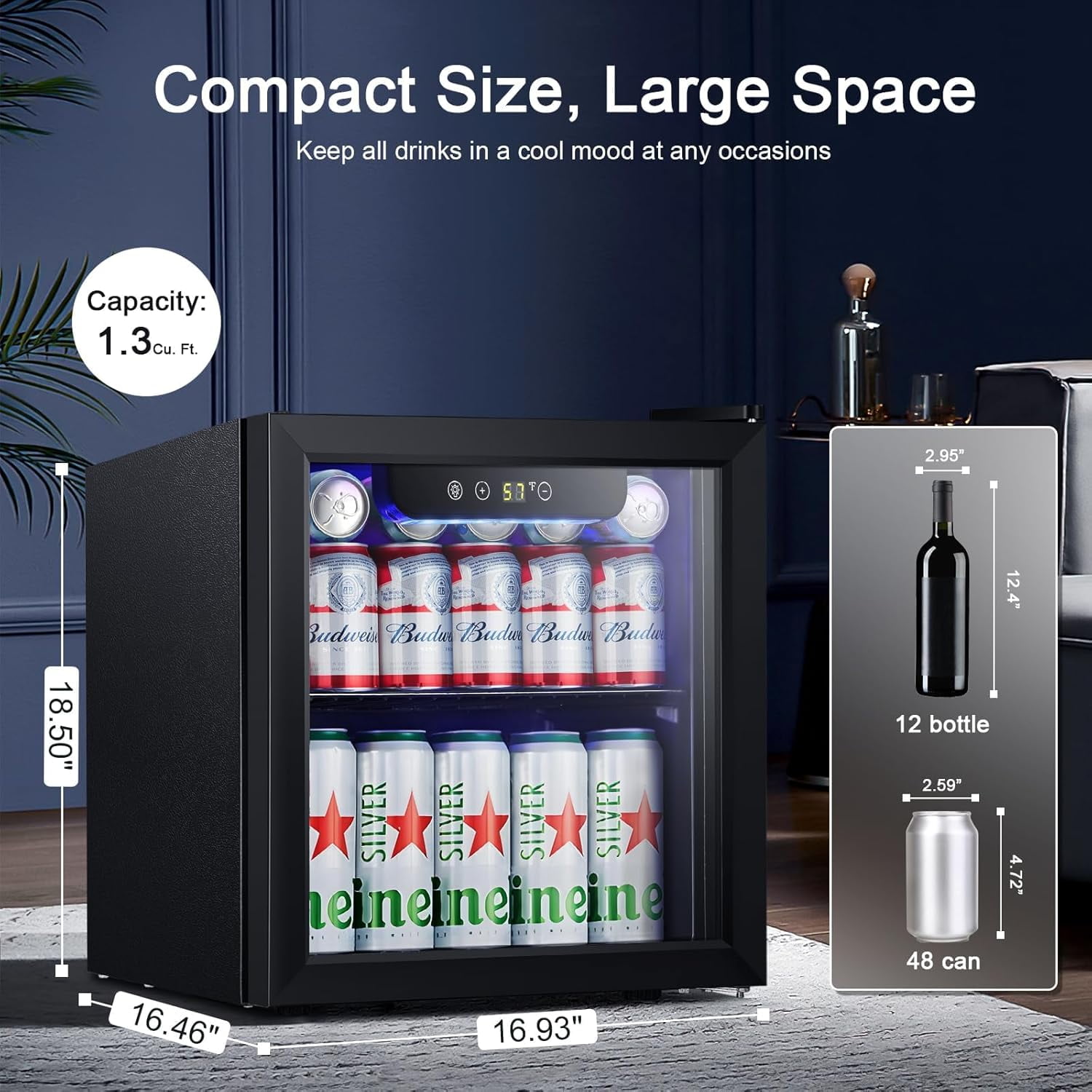 FREE VILLAGE Mini Fridge 12 Bottle 48 Can Beverage Refrigerator Cooler with glass door,1.3 Cu.Ft Small Drink Fridge for Soda Wine Beer,Adjustable Temperature Control for Home Office Bar,Black