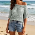 thumbnail image 4 of Lenpel Knitted Cover up for Women One Shoulder Asymmetric Neck 3/4 Sleeve Hollow out Sweater Tops Casual Loose Beach Vacation Clothes, 4 of 5