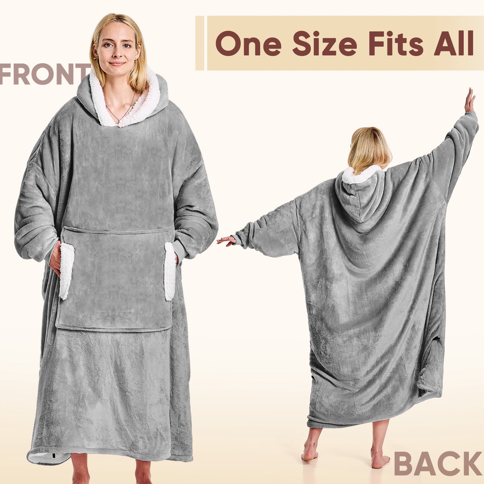 PMONPA Wearable Blanket Hoodie, Flannel Sherpa Fleece, Warm and Cozy Giant Sweatshirt for Adult, Woman and Man, One Size Fits All (Light Gray)