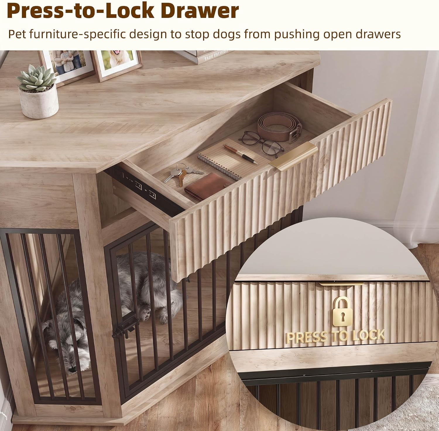 44.6" Corner MDF Dog Crate Furniture, Dog Kennel End Table with Fluted Drawer Storage, Grey Oak for Small/Medium Dogs Indoor