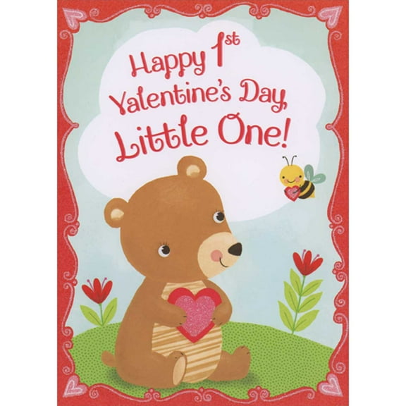 Designer Greetings Cute Bear and Bee Holding Sparkling Red Hearts Baby's 1st / First Valentine's Day Card