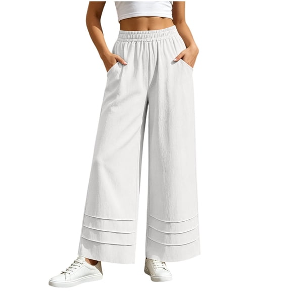 Hurxie Womens Cotton Linen Pants Wide Leg Summer Trousers with Pockets | Boho Loose Fit, Drawstring Waist, Long Lounge Trousers White,2XL