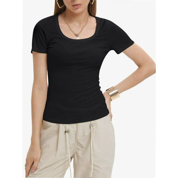 Women's Casual Short Sleeve Scoop Neck Summer Tops Ribbed Knit Slim Fit Tee Shirts