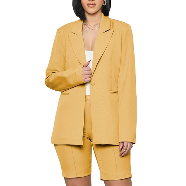 SAYOO Traje de dos piezas para mujeres, traje de una sola fila + pantalones cortos rectos SAYOO moda