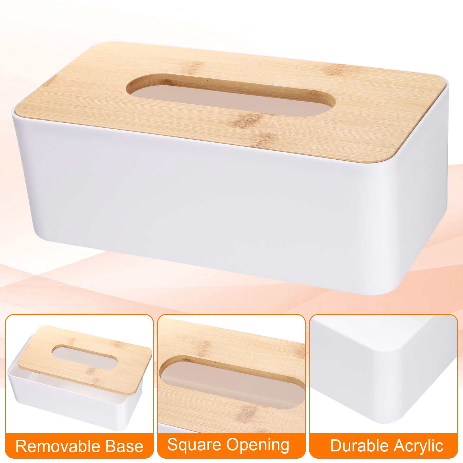 Unique Bargains Tissue Box Cover Bamboo Lid Square Holder Home Office White