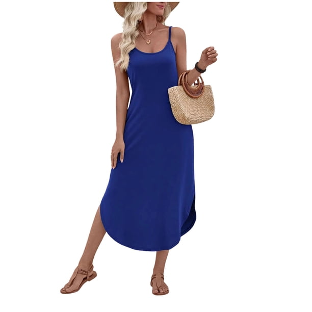 Vestido de Verano Largo para las Mujeres Vestido de Verano Casual de Color Sólido Cuello Redondo sin Mangas