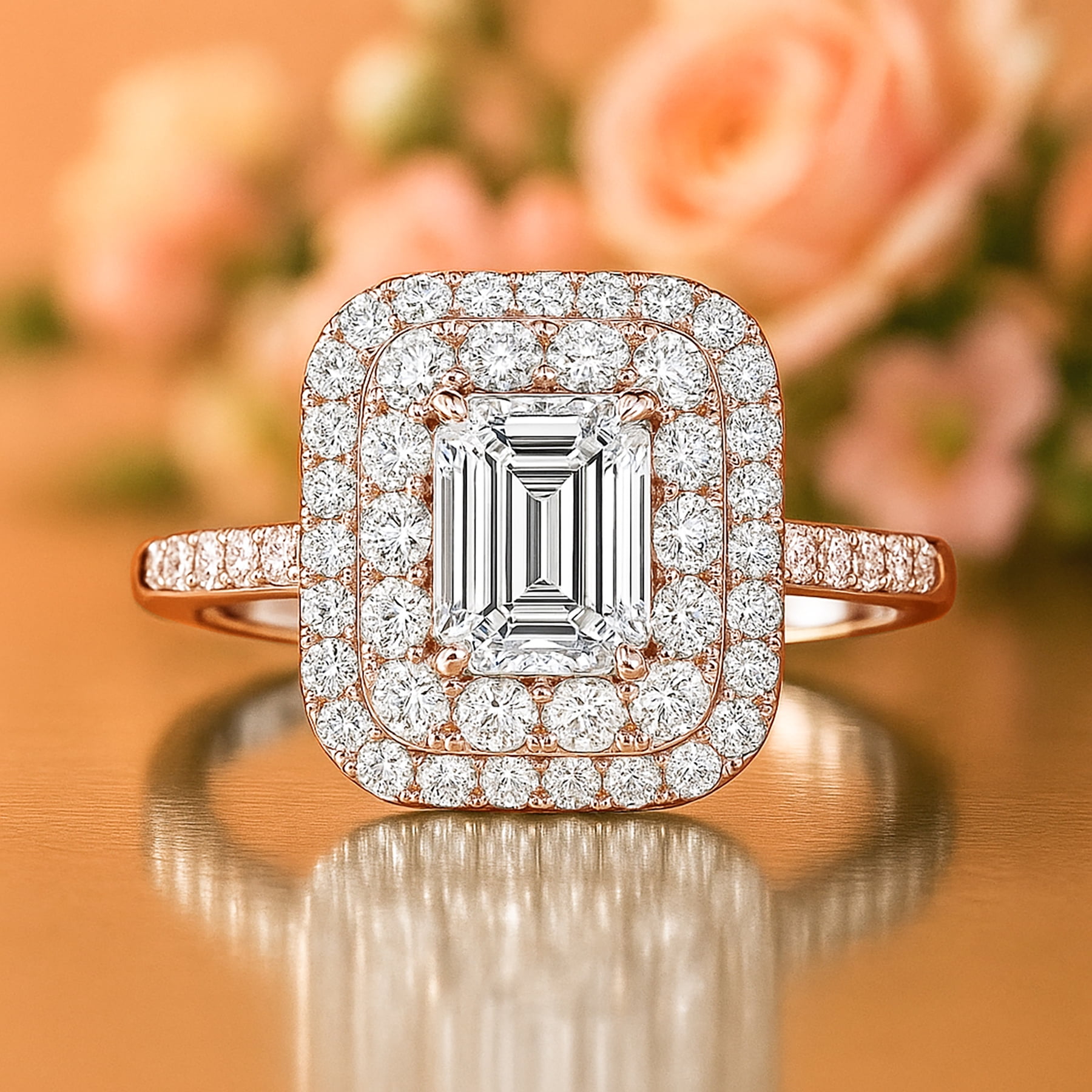 JeenMata 1.5 Carat Emerald Cut Moissanite Engagement Ring - Bridal Ring - Double Halo Ring - Cluster Ring - 18k Rose Gold Plating for Women