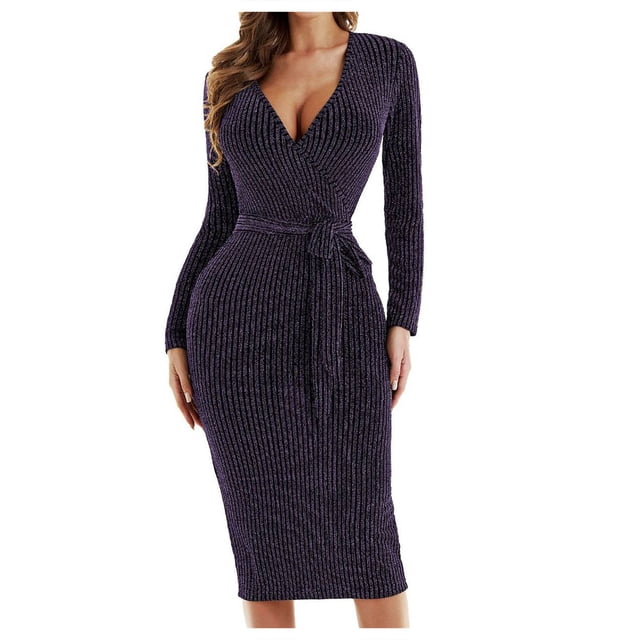 Robe à Manches Longues pour Femmes Aguichant Mode pour Femmes à Lacets Aguichant à Col en V à Manches Longues Robe Mi-Mollet Longue