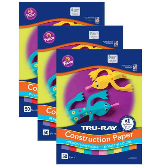 Tru-Ray Construction Paper, Heavyweight, Vibrant Assortment, 10 Vibrant Colors, 12" x 18", 50 Sheets Per Pack, 3 Packs