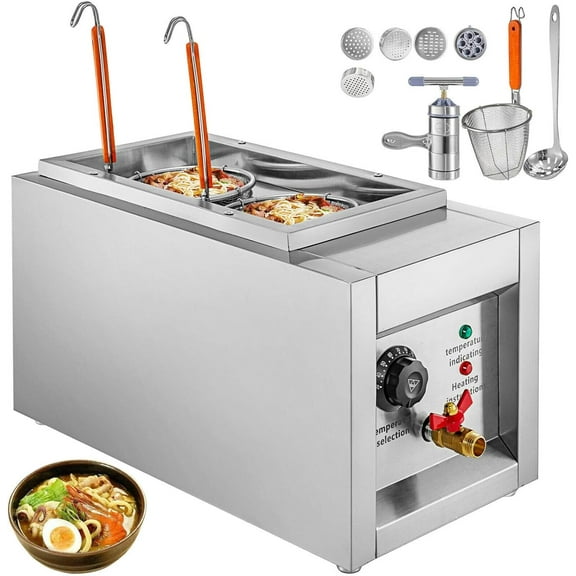2 Holes Pasta Cooker Electric Noodle Cooking Machine 110V 2KW Electric Pasta Cooker  Spaghetti Noodles Pasta Boiler with 2 Basket, 30-110℃ Accurate Temperature Control