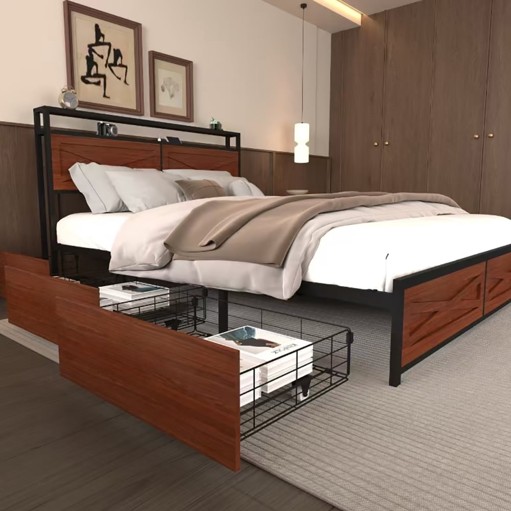 Miniyam Full Size Bed with Headboard Shelf, USB Charging Station, LED Lights, 6 Storage Drawers, Rustic Metal Frame for Adults Teens