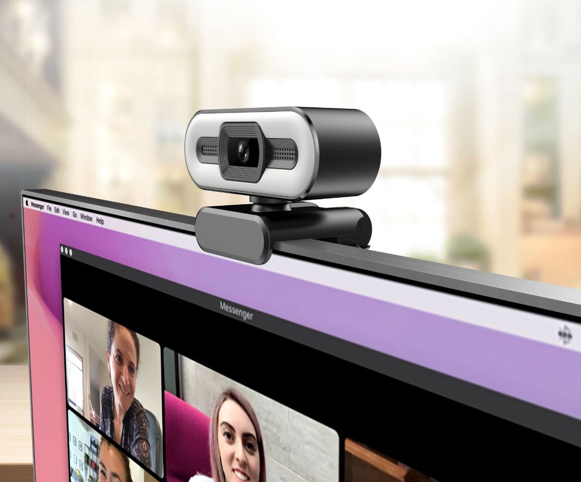 1080P HD USB Webcam with Mic, LED Light & Brightness Adjuster for Video Chat & Conference