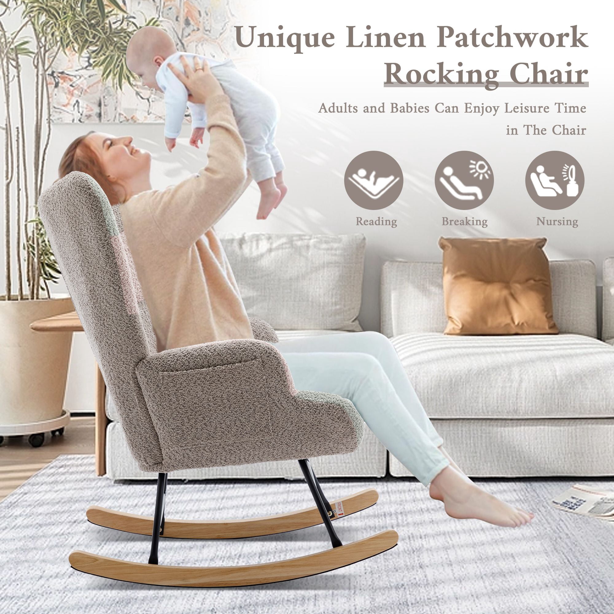 Teddy Upholstered Nursery Glider Rocking Chair - High Backrest Comfy Armchair | Versatile Accent Chair for Living Room, Bedroom, Offices