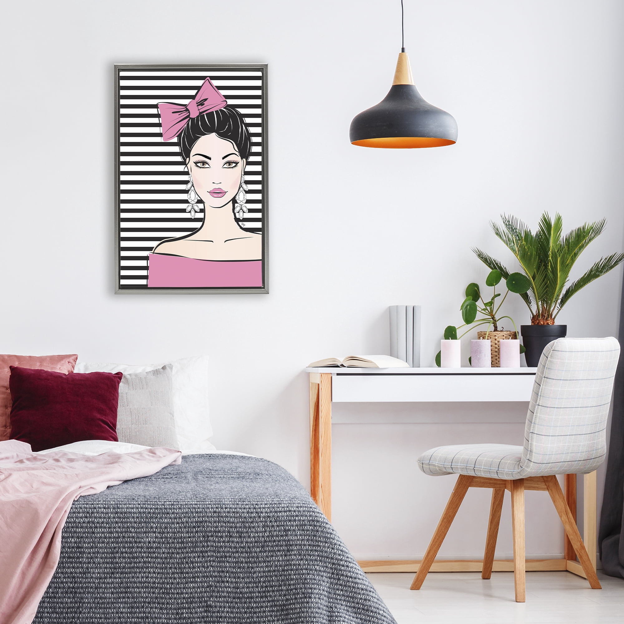 Stupell Industries Girl with Pink Bow & Earrings Gray Framed Floater Canvas Wall Art, design by Martina Pavlova