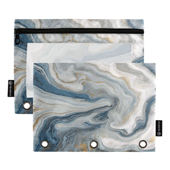 2 Pack 3 Ring Binder Pouch with Clear PVC Window Water Resistant Zipper Pencil Pouch Gray Marble Binder Pocket for Classroom Office Home Stationery Organization