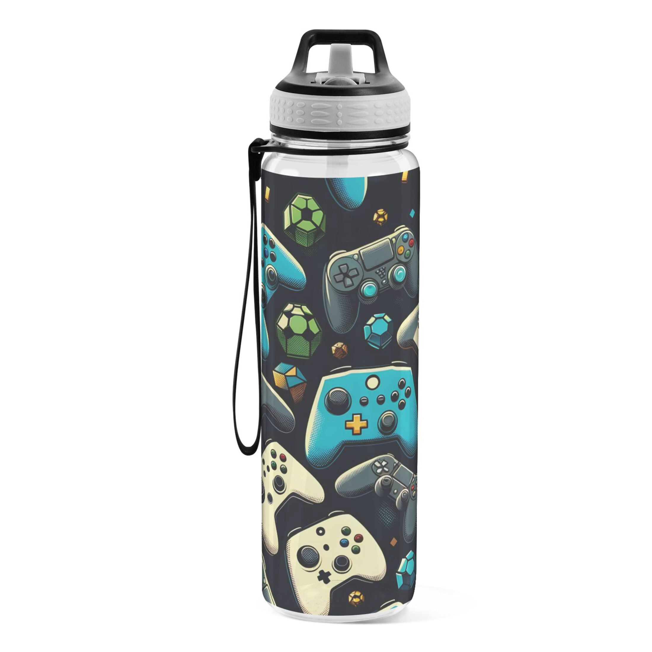 Gaming Controller Sports Water Bottle with Straws 32 Oz Tritan Clear Bottles BPA Free Leakproof Cup for Outdoor School Gym Fitness