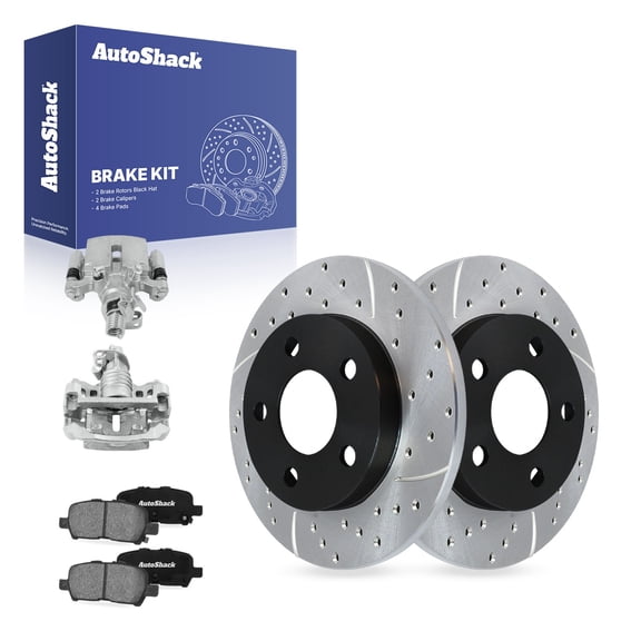 AutoShack Rear Solid Drilled & Slotted E-Coated Brake Rotors   Ceramic Pads   Calipers 8-PC Brake Kit Replacement for 2011-2013 Chevrolet Impala 2005-2009 Buick LaCrosse ShadowGuard 10.63" (269.9 mm)