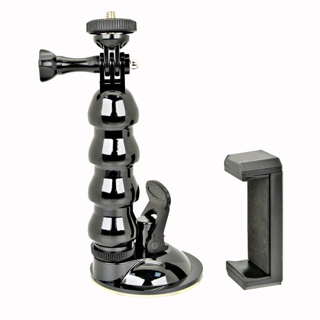 Black Camera Car Suction Cup Adapter Window Glass Mount for Gopro Hero 6 5 Camera, a smart camera accessory with 360-degree transverse rotation. Features a suction cup base, adjustable phone holder for devices 55-86 mm wide, and connector. Made of durable black PC material, compatible with Gopro Hero models, Xiaoyi, and AKASO EK5000 motion cameras.