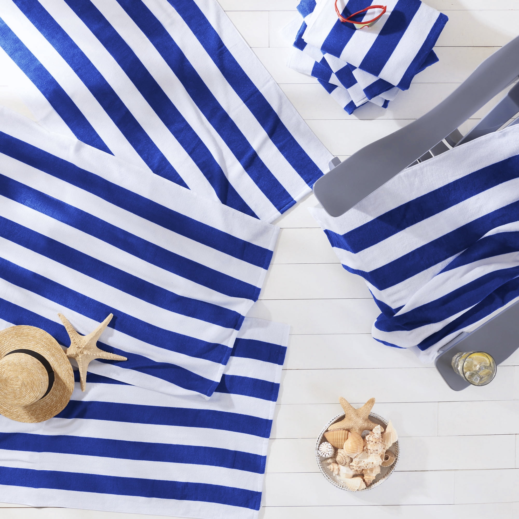 (4 pack) Mainstays Blue & White Cabana Stripe Beach Towel, 28" x 58"