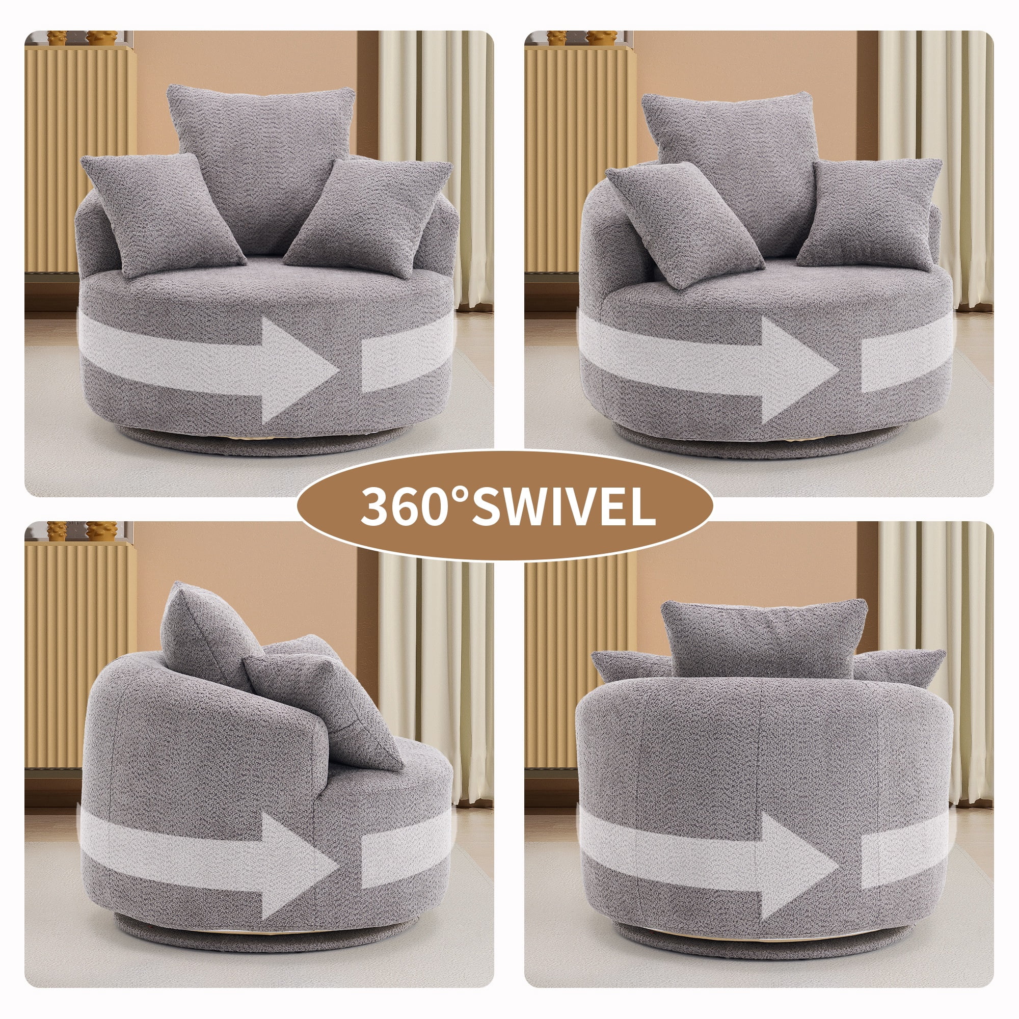 PORKISS Oversized Swivel Accent Chair Barrel Chair, Crochet Yarn Upholstered Armchair with 3 Pillows, Round Armchair Leisure Sofa Chair for Living Room Office Lounge Hotel, Gray