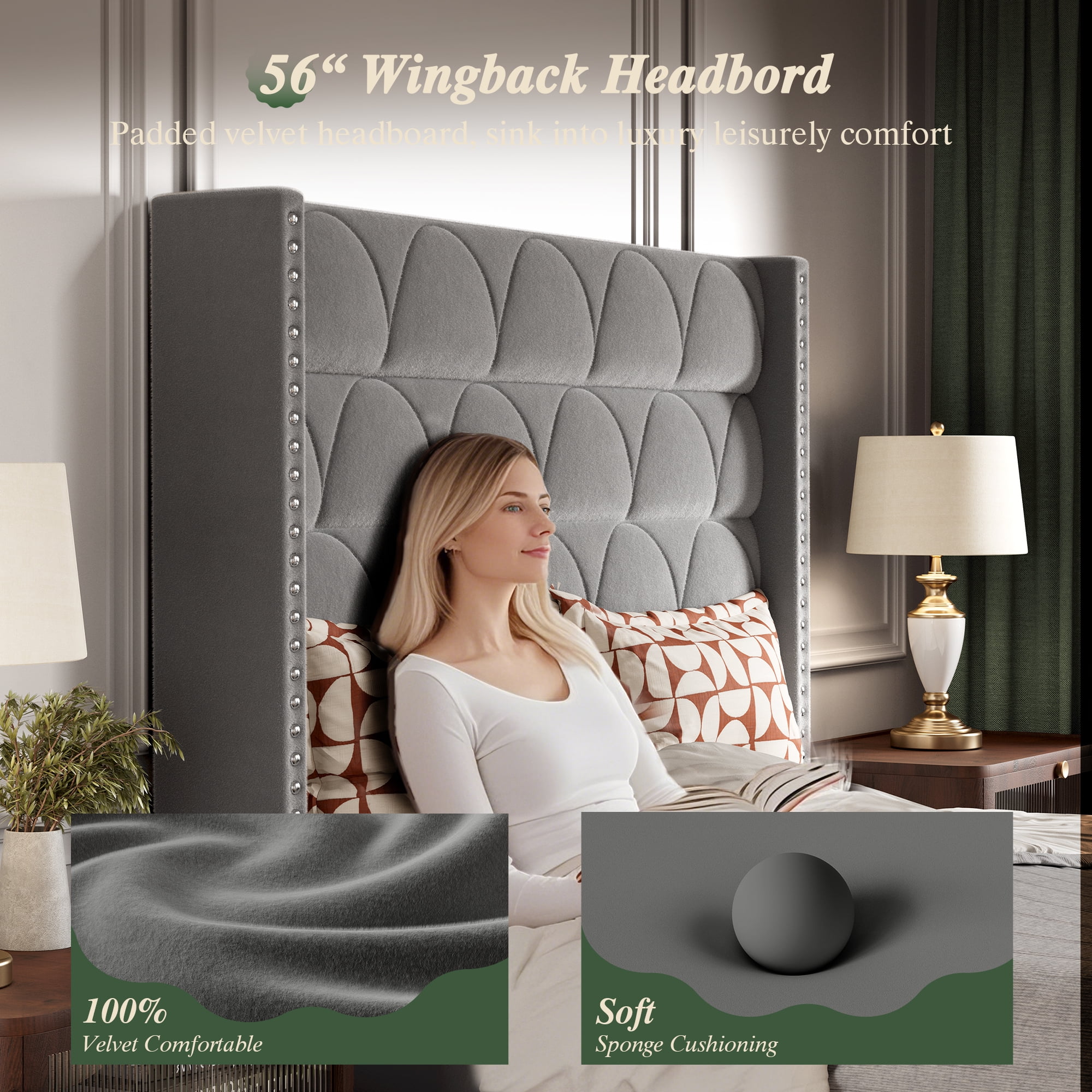 BrooveWave 56" High Back Velvet Upholstered Wingback Bed Headboard with Nailhead Trim, Adjustable Height Headboard for Queen Beds