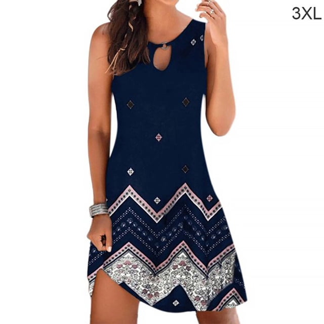 Robe Bohème Femme Vêtements de Plage Robe Mini Sans Manches, Robe Bohème Mini Sans Manches Bleu Marine, Rayé, 3TG