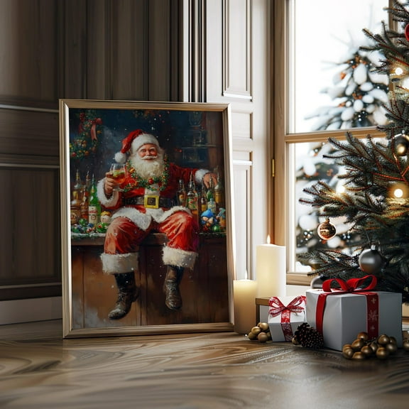 Funny Santa Claus Drinking Art, Christmas Wall Art, Holiday Bar Cart Print, Cocktail Santa Printable, Christmas Home Decor, 32x48 UNFRAMED