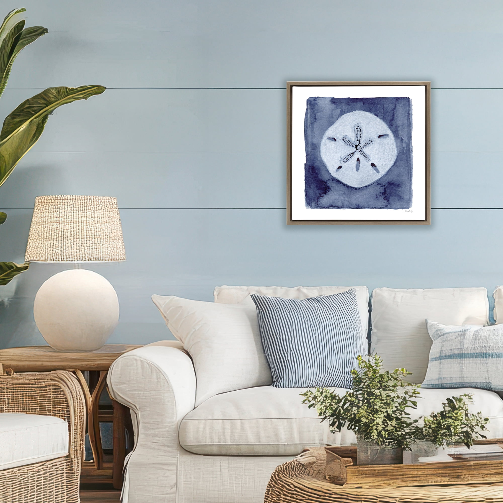 Stupell Industries White Sand Dollar on Indigo Brown Framed Floater Canvas Wall Art, design by Patti Bishop