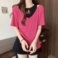 thumbnail image 4 of Tops de manga corta de dos piezas falsos de talla grande para mujer, camisetas holgadas con letras en contraste, ropa informal de verano nueva, 4 of 5