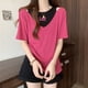 thumbnail image 3 of Tops de manga corta de dos piezas falsos de talla grande para mujer, camisetas holgadas con letras en contraste, ropa informal de verano nueva, 3 of 4
