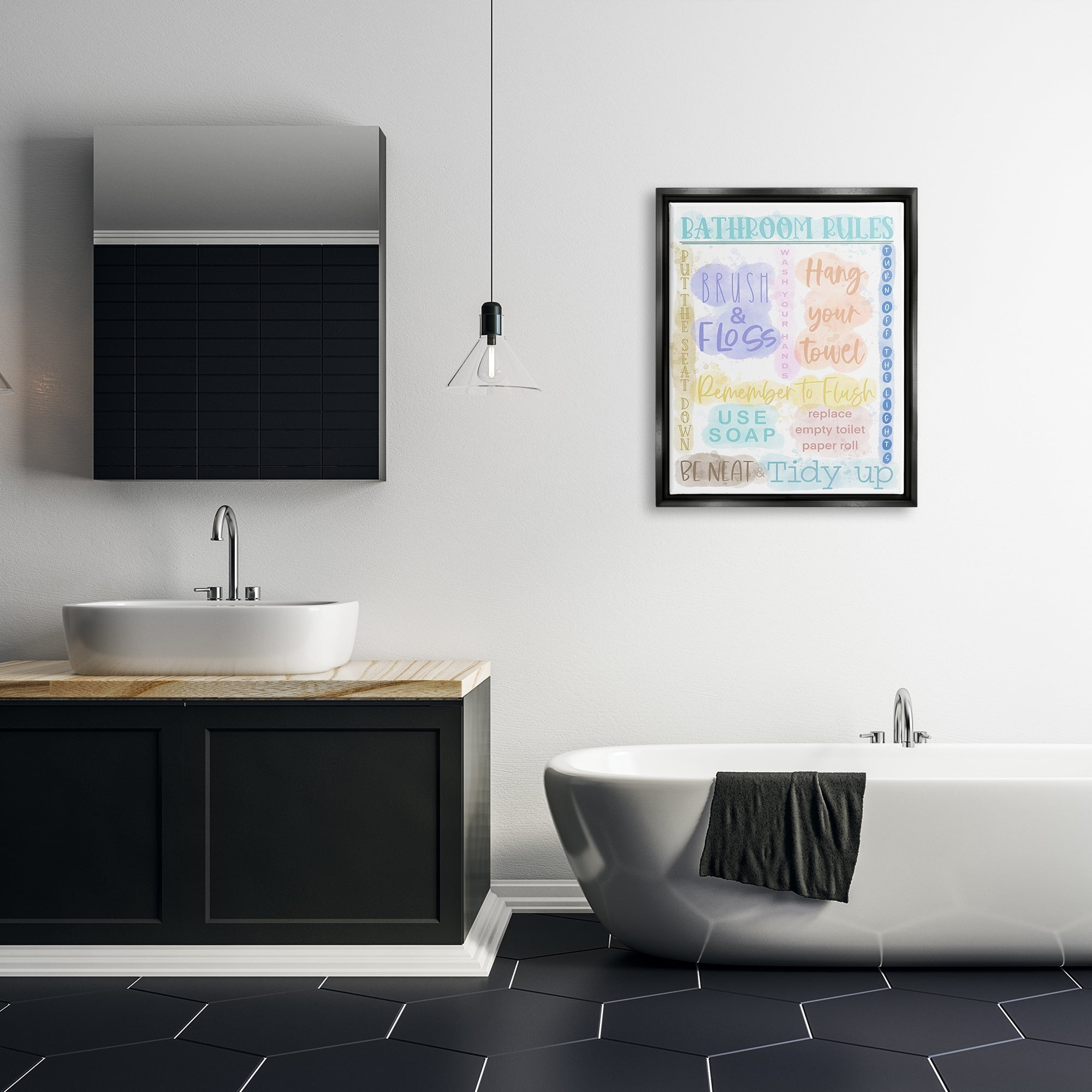 Stupell Industries Fun Bathroom Rules Typography Painting Black Floater Framed Canvas Art Print Wall Art, 25 x 31