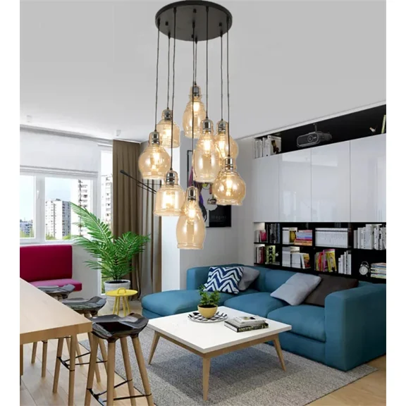 More Change 8-Lights Antique Chandelier Cognac Glass Cluster Pendant Ceiling Hanging Lamp