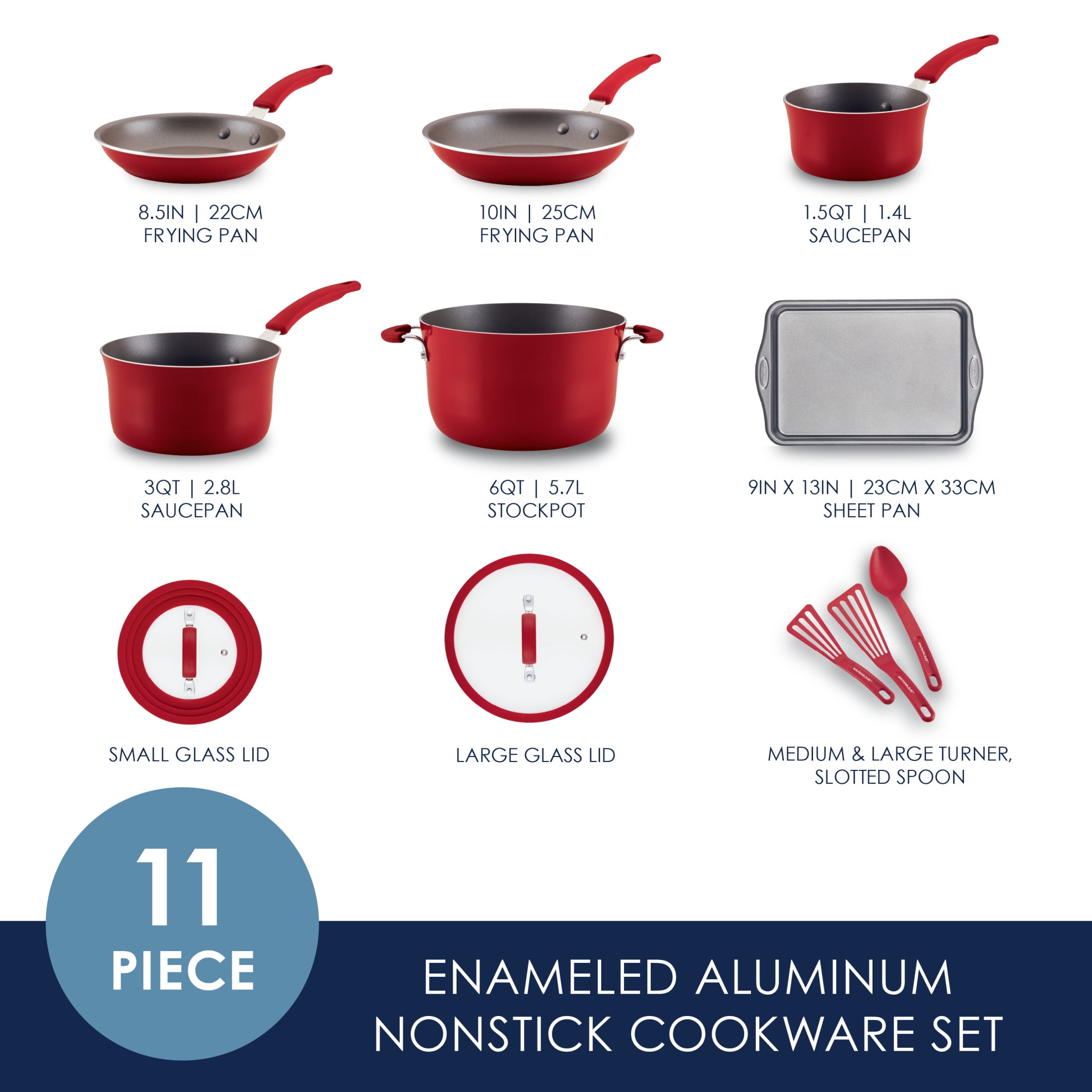 Rachael Ray Cook + Create 11 Piece Aluminum Nonstick Pots and Pans, Red