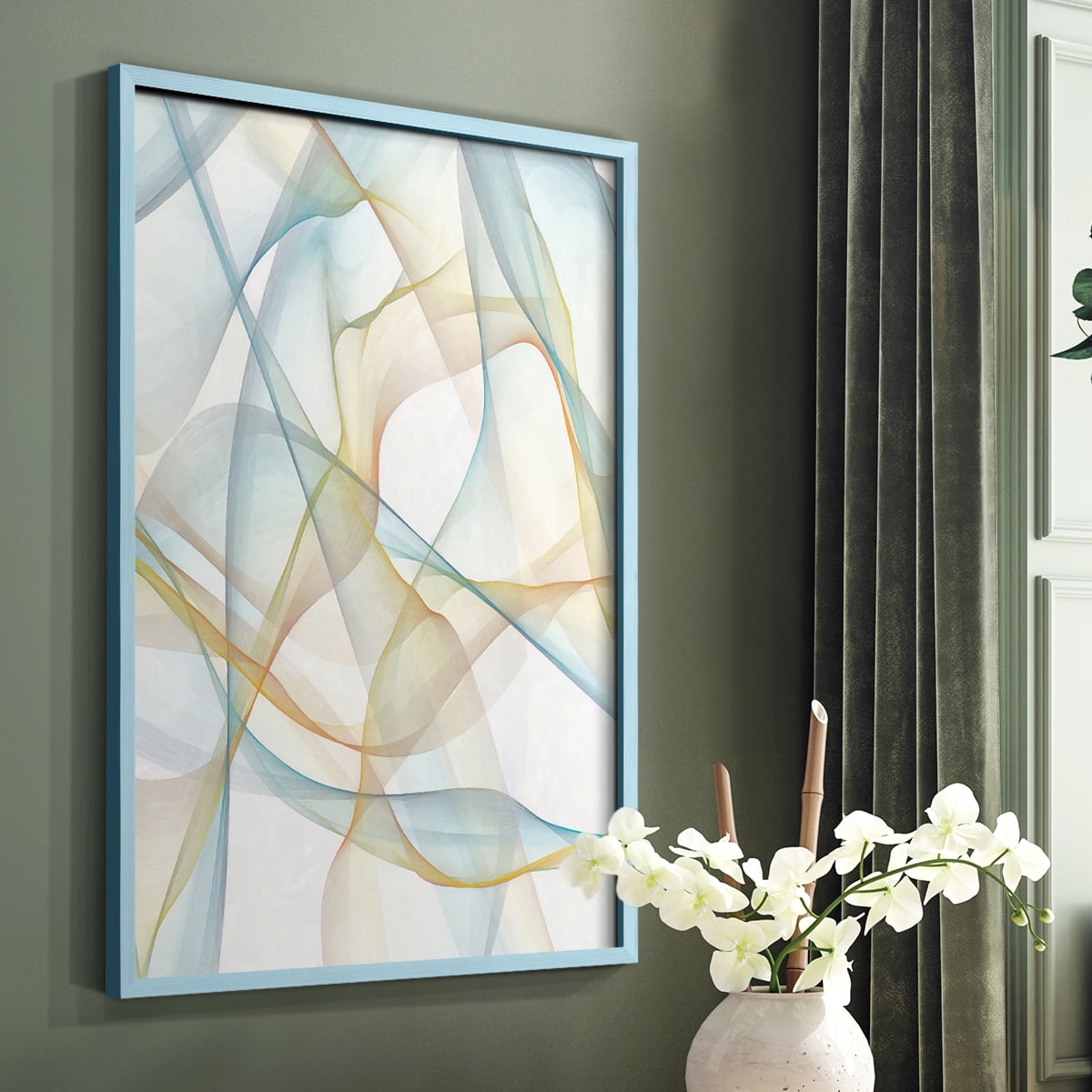 Curves and Waves III Framed Print in Blue Solid Wood Framed Print No Nail Hanging
