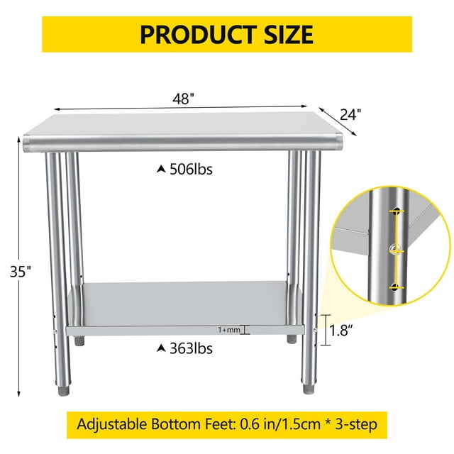 EDTara Stainless Steel Prep Table, Commercial Workstation with Adjustable Undershelf for Restaurant, Hotel & Home Kitchens