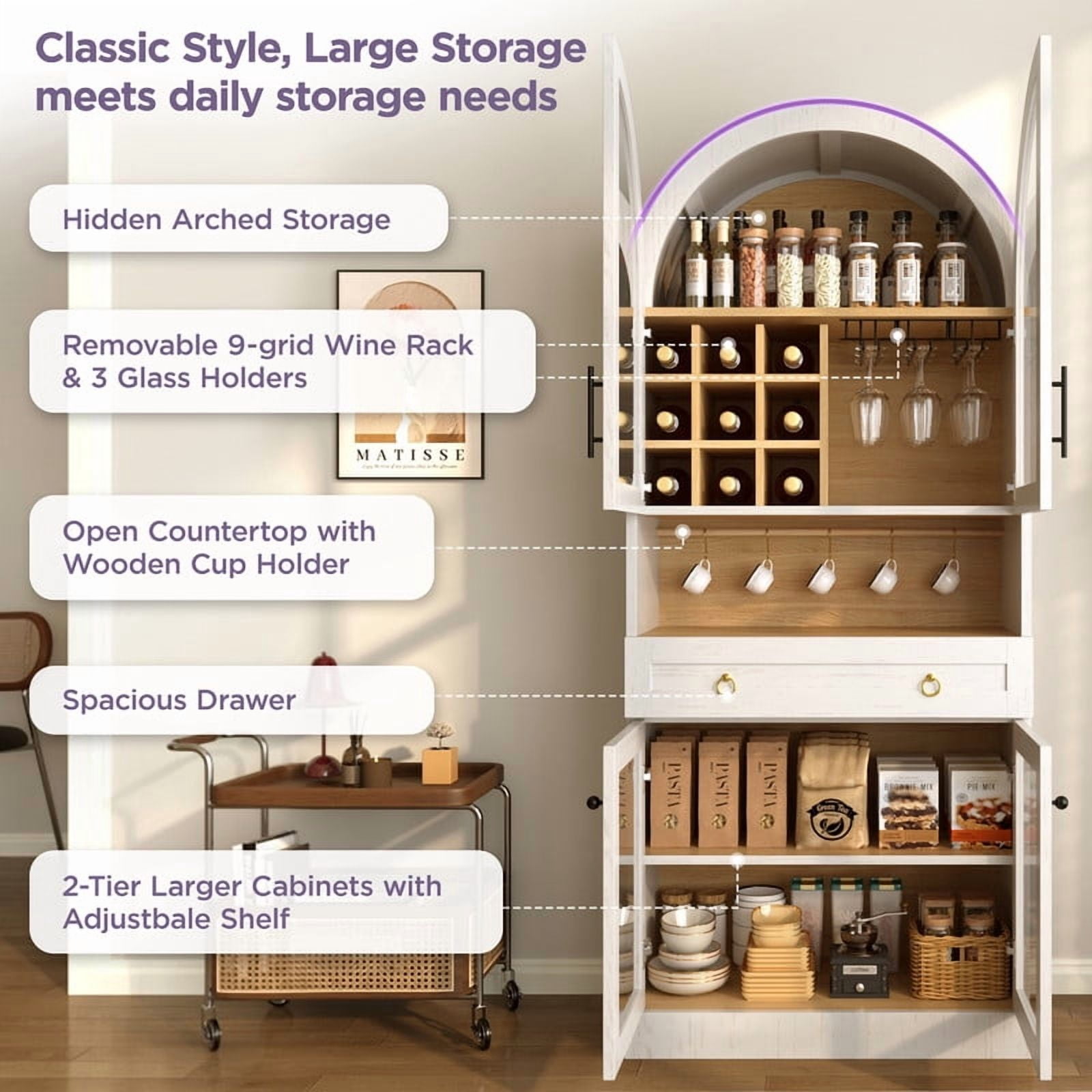 Mid-Century Bar Cabinet with Tempered Glass Doors & Drawer, Home Coffee Storage Cabinet with Hooks, Wine Racks & Glass Holders