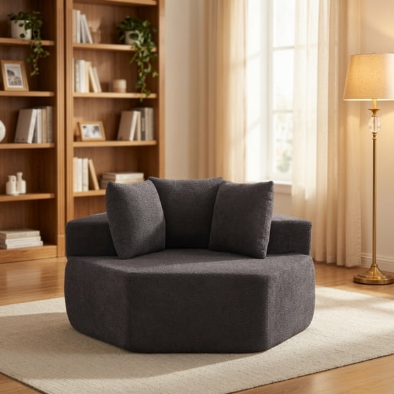 54" Hexagonal Modular Lounge Chair, Chenille Single Sofa with 3 Pillows for Living Room Game Room, Gray