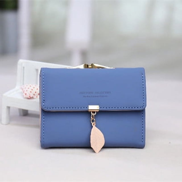 Cartera corta para mujer, de PU, con colgante de hoja, bolso de tres pliegues, monedero para mujer