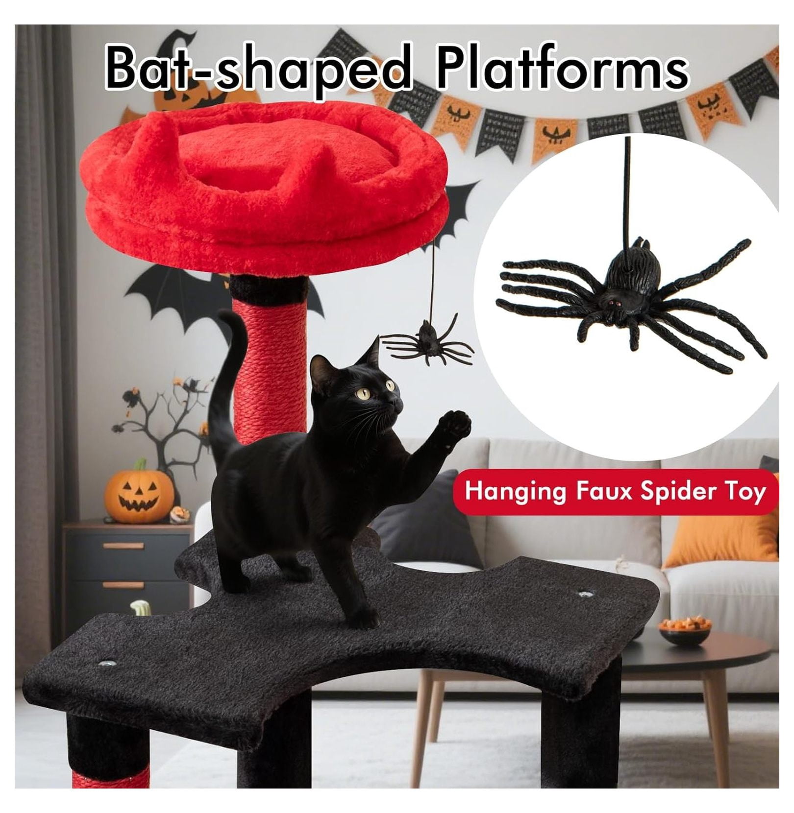 52 Inch Gothic Cat Tree Tower, Multi-Level Cat Tree with Scratching Posts, Hammock & Condo, Black Cat Furniture for Indoor Cats, Spider Toy Included