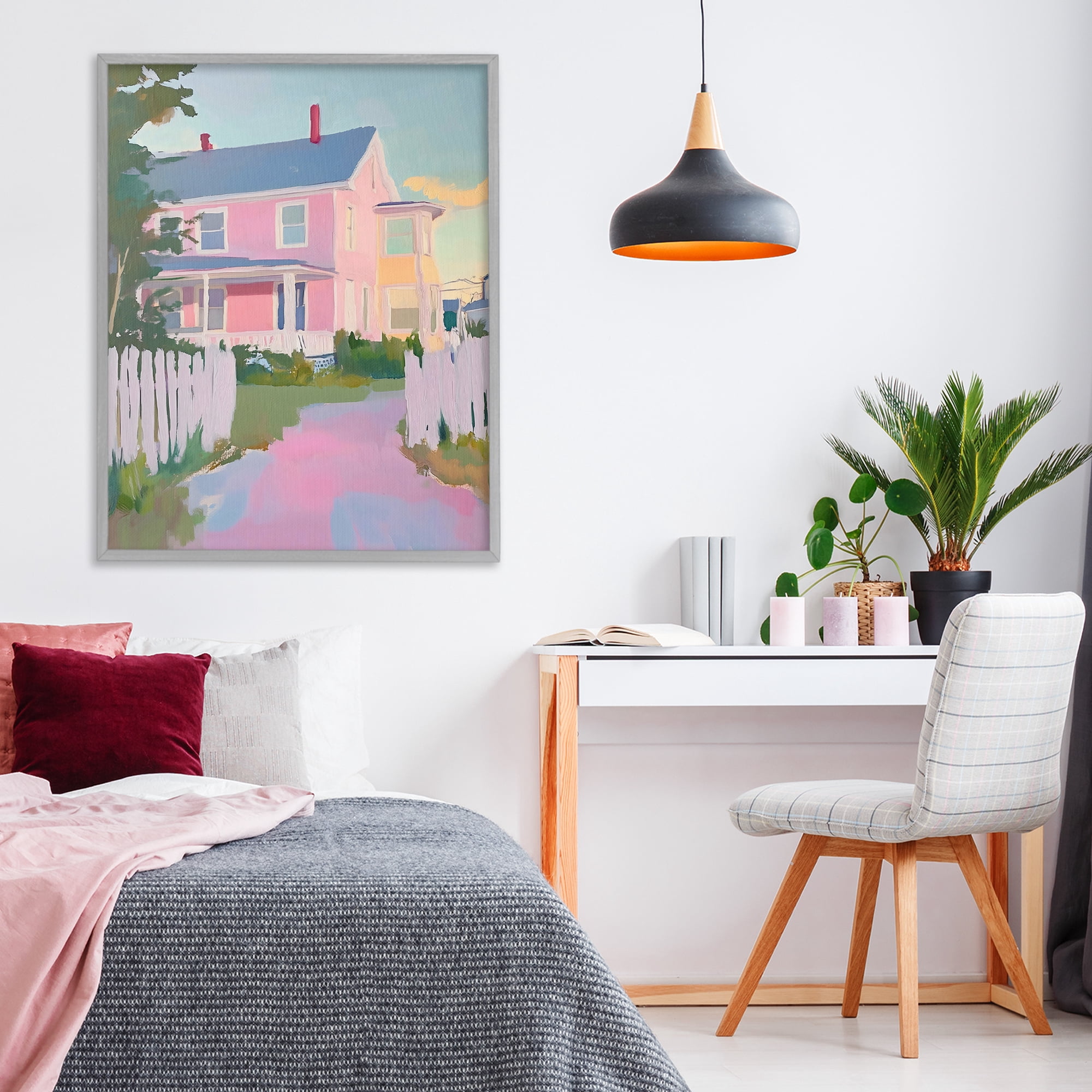 Stupell Industries Pastel Pink House with Fence Gray Framed Giclee Art, design by The Prints Vibe
